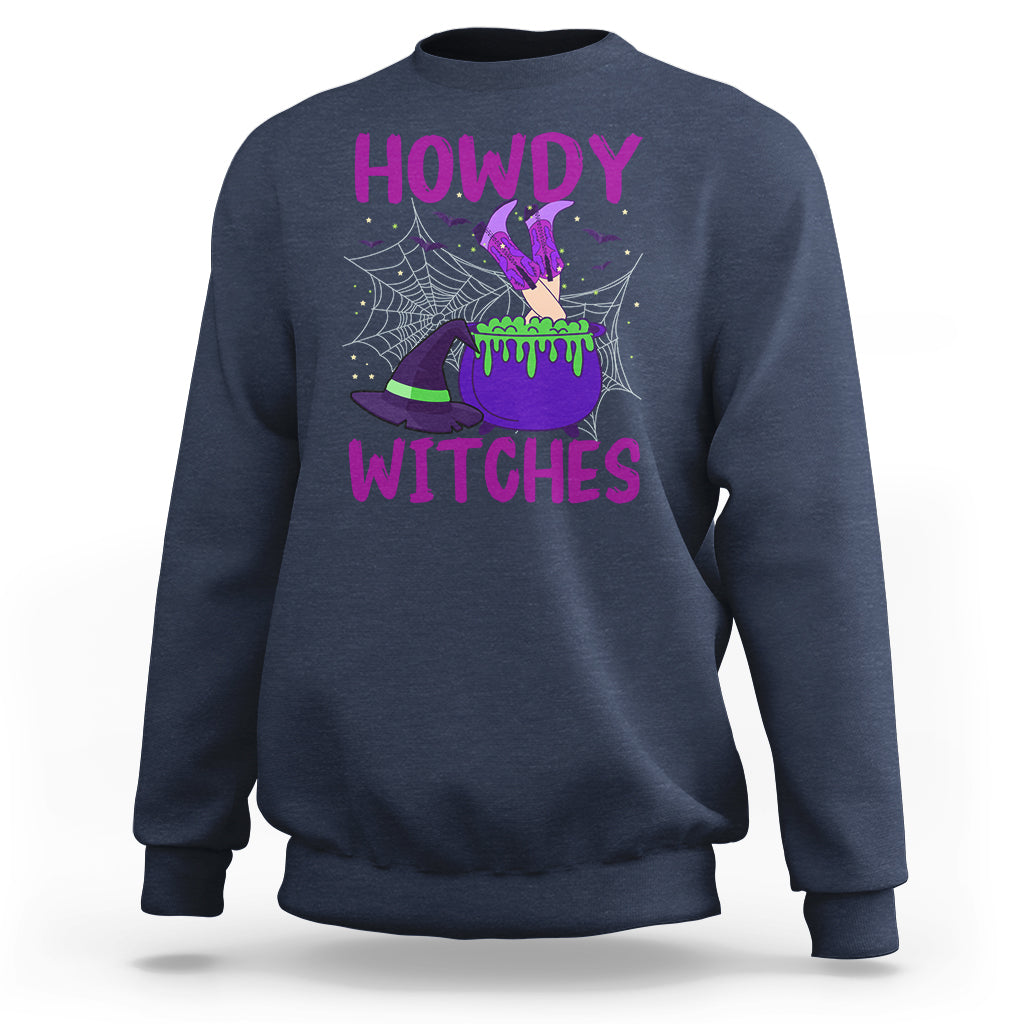 Navy Halloween witch sweatshirt with “HOWDY WITCHES” graphic and spiderweb design