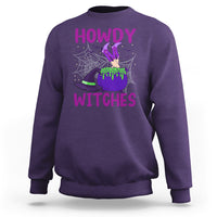 Purple Halloween witch sweatshirt with “HOWDY WITCHES” graphic and spiderweb design