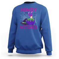 Royal blue Halloween witch sweatshirt with “HOWDY WITCHES” graphic and spiderweb design