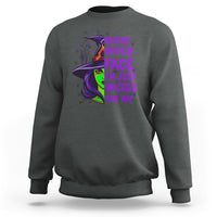 Dark heather gray witch graphic sweatshirt with resting witch face chest print.