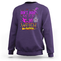 Purple Halloween sweatshirt with witch switch slogan graphic on front