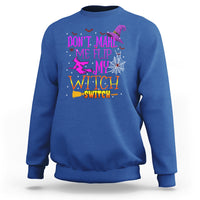 Royal blue Halloween sweatshirt with witch switch slogan graphic on front