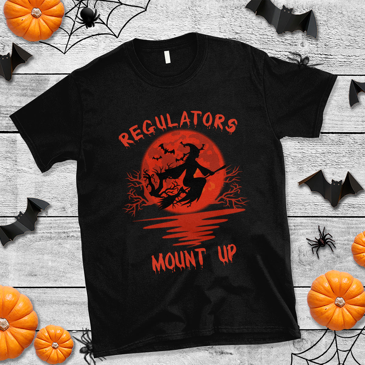 Black witch graphic T-shirt with "REGULATORS MOUNT UP" and red moon silhouette