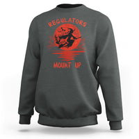 Dark heather Halloween witch sweatshirt with orange 'REGULATORS' and 'MOUNT UP' graphic