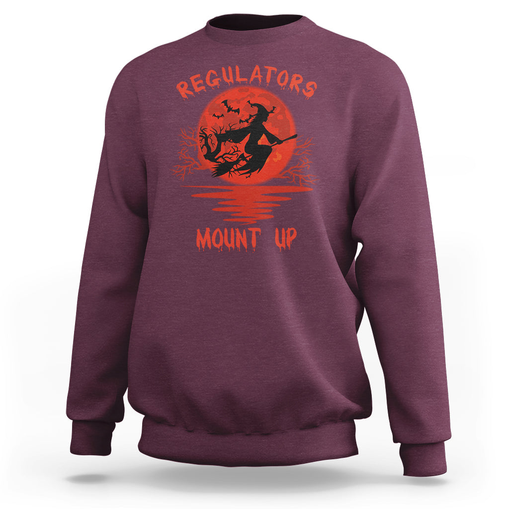 Maroon Halloween witch sweatshirt with orange 'REGULATORS' and 'MOUNT UP' graphic