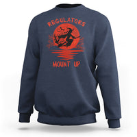 Navy Halloween witch sweatshirt with orange 'REGULATORS' and 'MOUNT UP' graphic
