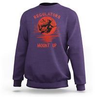 Purple Halloween witch sweatshirt with orange 'REGULATORS' and 'MOUNT UP' graphic