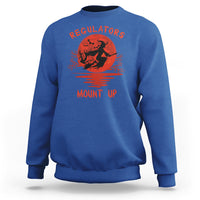 Royal blue Halloween witch sweatshirt with orange 'REGULATORS' and 'MOUNT UP' graphic