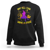 Black Halloween witch sweatshirt with purple witch graphic and yellow 'DRIVE A STICK' text.