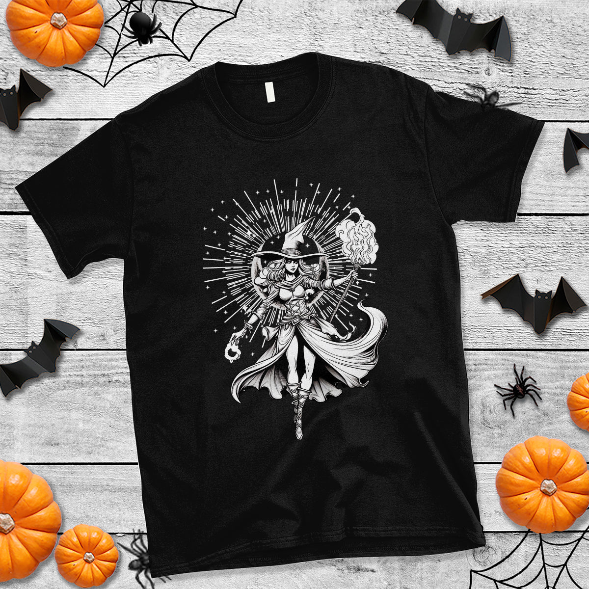 Black witch graphic T-shirt with moonlit witch print centered on chest