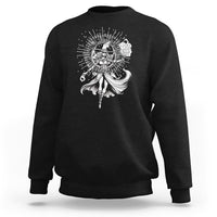 Black gothic witch sweatshirt with white cat-and-witch graphic on chest.