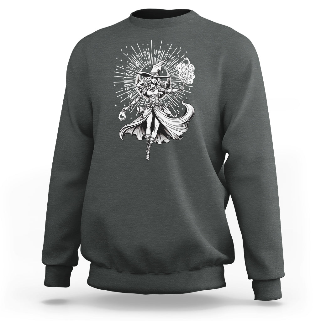 Dark heather gothic witch sweatshirt with white cat-and-witch graphic on chest.