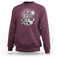 Maroon gothic witch sweatshirt with white cat-and-witch graphic on chest.