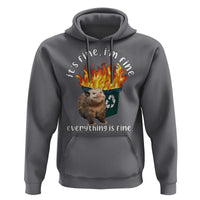 Charcoal hoodie with opossum in flames graphic, front kangaroo pocket and drawstring hood