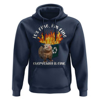 Navy hoodie with opossum in flames graphic, front kangaroo pocket and drawstring hood