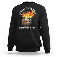 Black unisex sweatshirt with opossum graphic, flames and “everything is fine” text