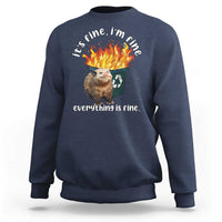 Navy unisex sweatshirt with opossum graphic, flames and “everything is fine” text