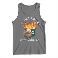 Heather gray tank top with flaming opossum and 'everything is fine' text