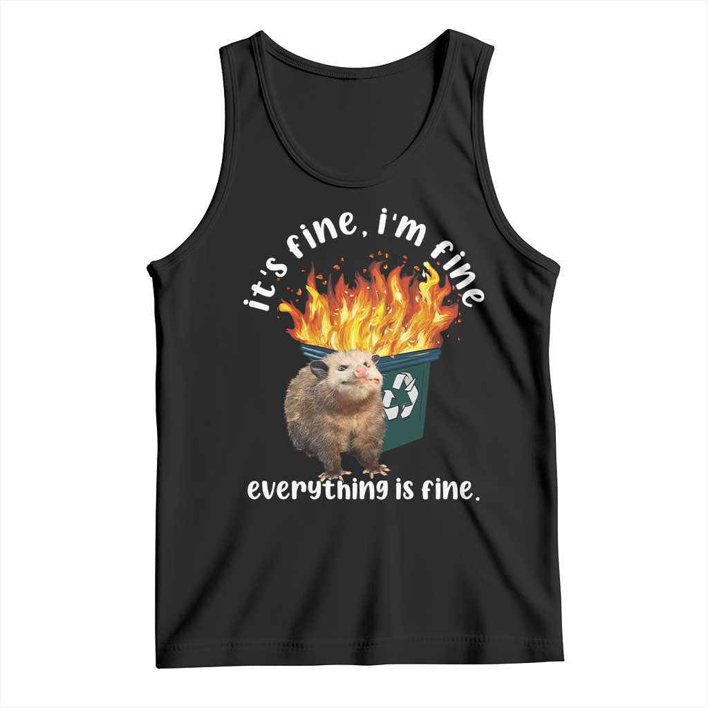 Black opossum meme tank top with fire graphic and 'everything is fine' text