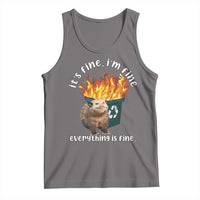 Opossum meme tank top, dark gray sleeveless crew neck with flaming opossum graphic