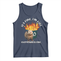 Navy opossum meme tank top with flaming graphic and slogan text, sleeveless crew neck