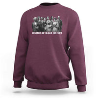 Maroon crewneck sweatshirt with back graphic of civil rights leaders and “LEGENDS OF BLACK HISTORY”