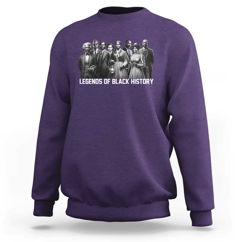 Purple crewneck sweatshirt with back graphic of civil rights leaders and “LEGENDS OF BLACK HISTORY”