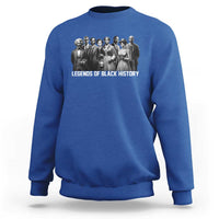 Royal blue crewneck sweatshirt with back graphic of civil rights leaders and “LEGENDS OF BLACK HISTORY”