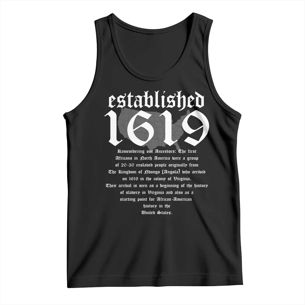 Black scoop-neck tank top with front "Established 1619" graphic