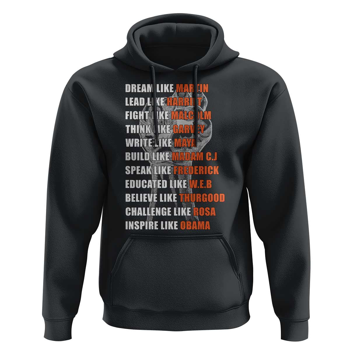 Black pullover hoodie with front inspirational quote graphic and kangaroo pocket