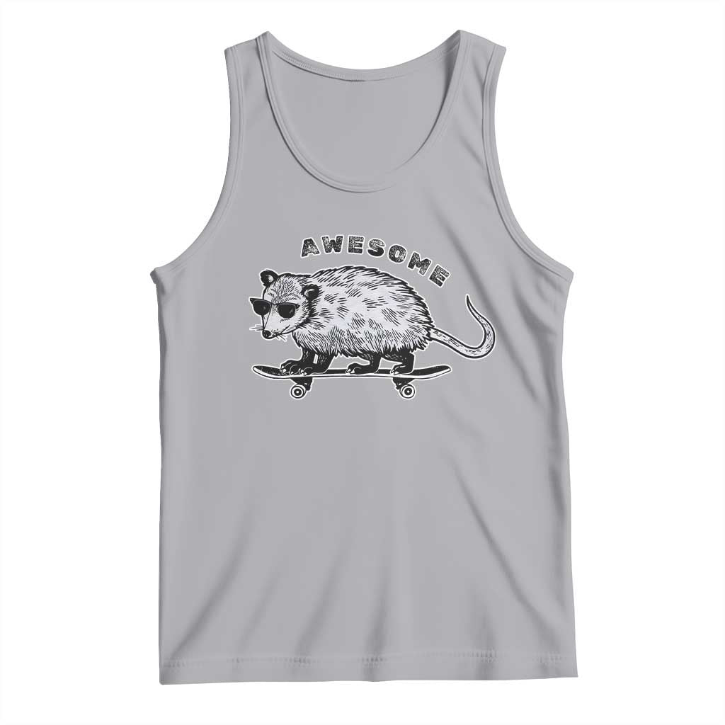 Gray sleeveless graphic tank top with opossum riding skateboard and 'Awesome' text