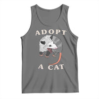 Gray sleeveless tank top with opossum 'Adopt a Cat' graphic