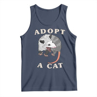 Navy tank top with opossum graphic and “Adopt a cat” slogan