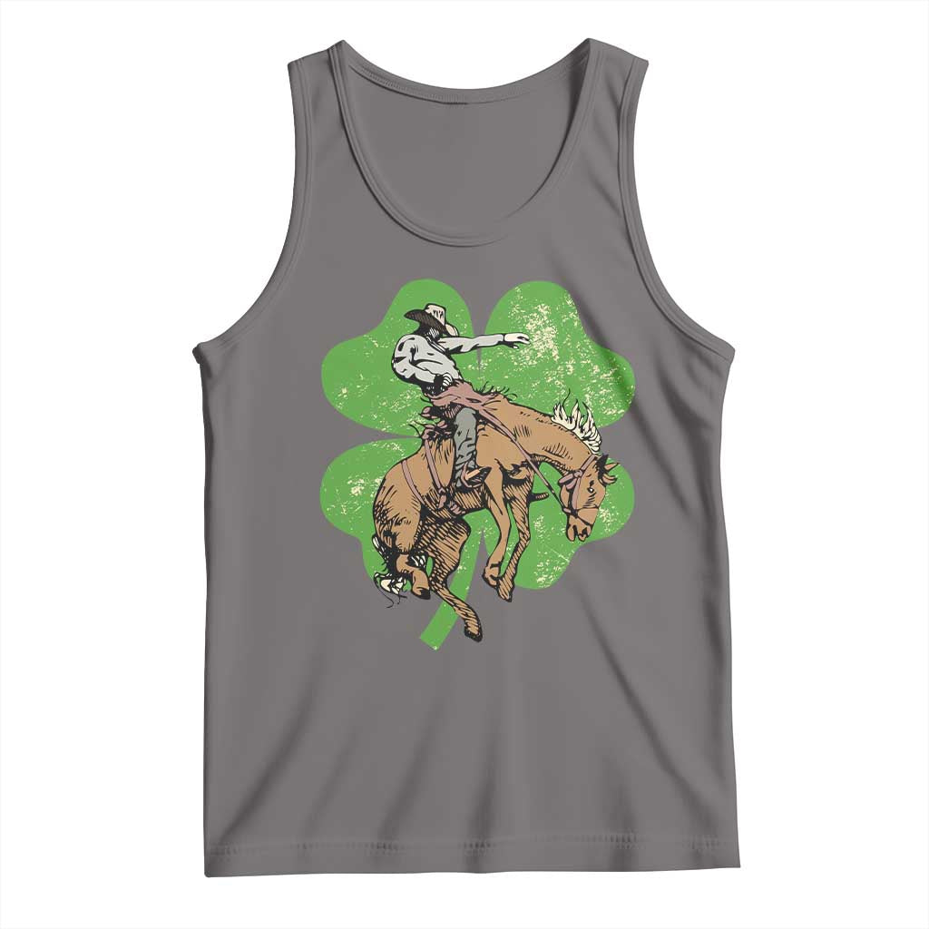 Gray heather cowboy tank top with green clover graphic on front