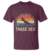 Boys' dinosaur birthday T-shirt in maroon with 'THREE REX' retro graphic