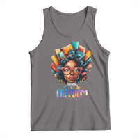 Gray sleeveless tank top with colorful education and freedom graphic front