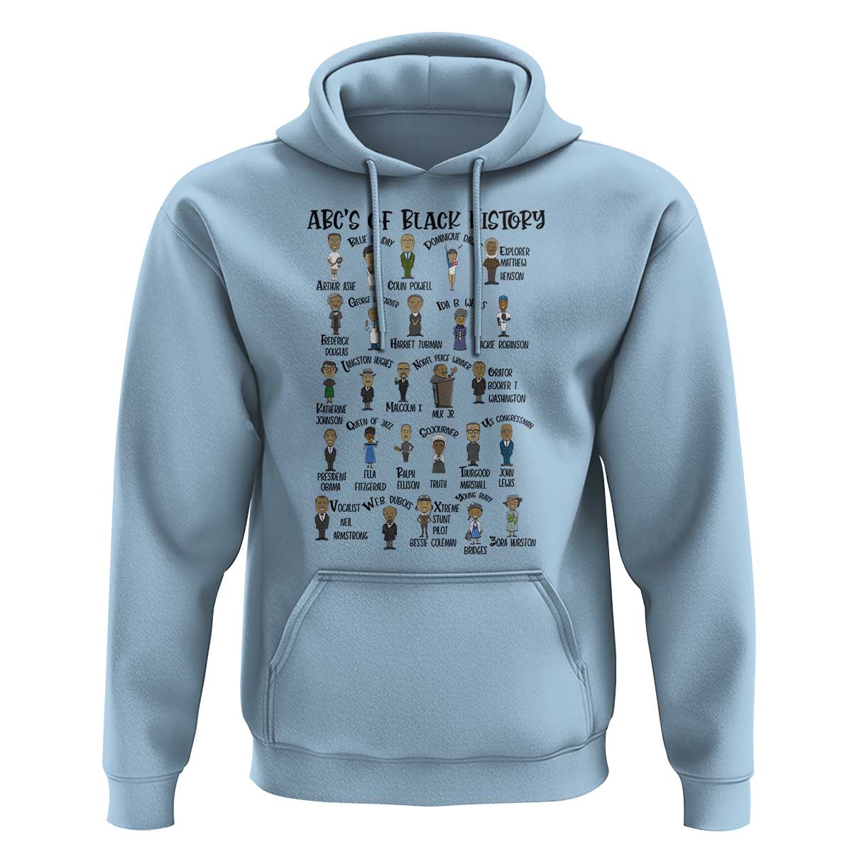 Light blue hoodie with front pocket and colorful “ABC Black History” chart graphic