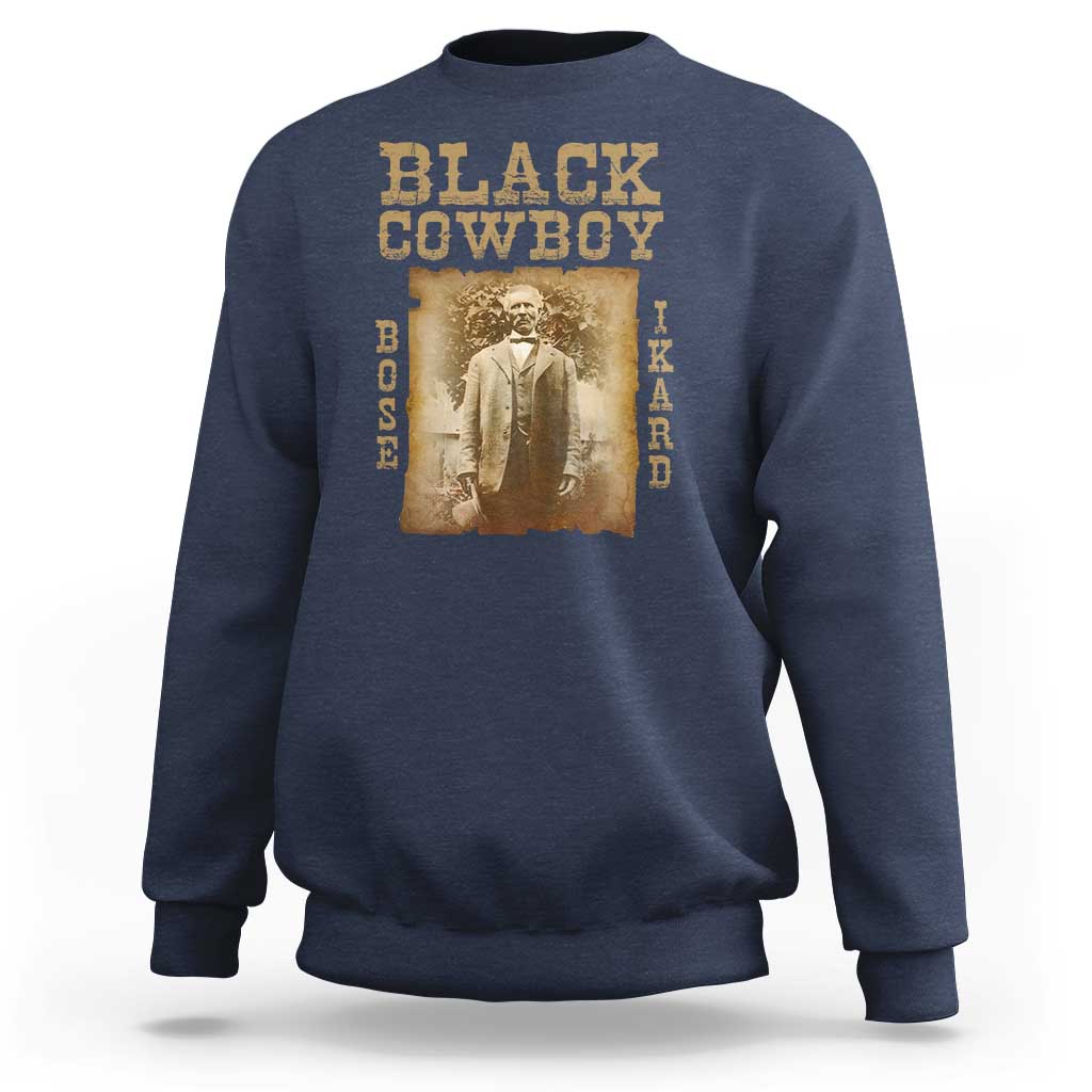 Navy crewneck sweatshirt with large vintage-style cowboy graphic on the back