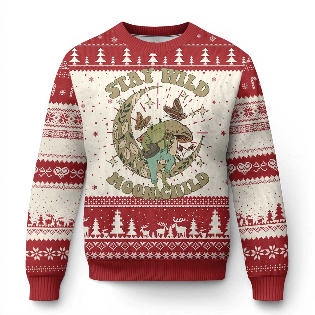 Red and cream ugly Christmas sweater with frog character graphic, trees, and snowflake cuffs.