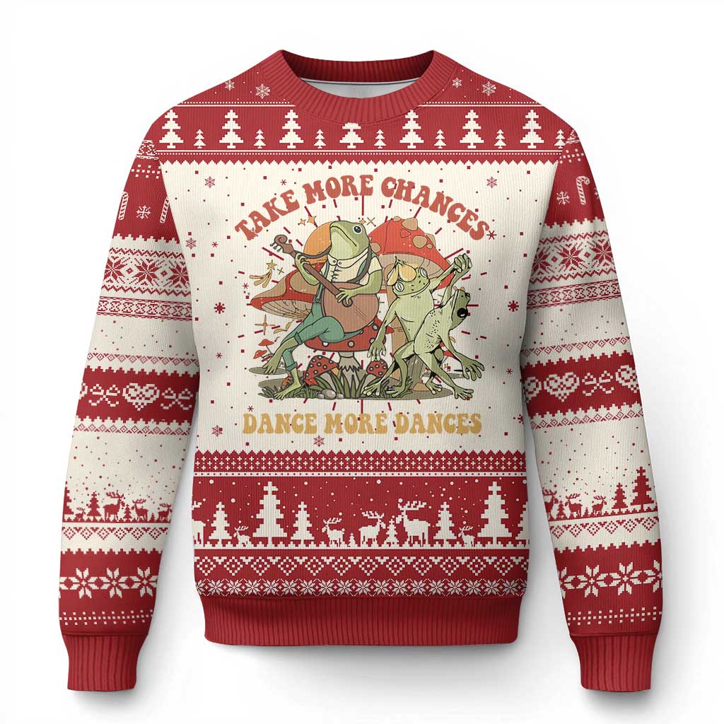 Red and cream ugly Christmas sweater with frog graphic, striped cuffs, and tree pattern