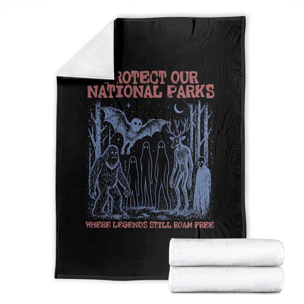 Protect Our National Parks Funny Cryptid Society Vintage Graphic Throw Blanket Bigfoot Mothman Wendigo Where Legends Still Roam Free