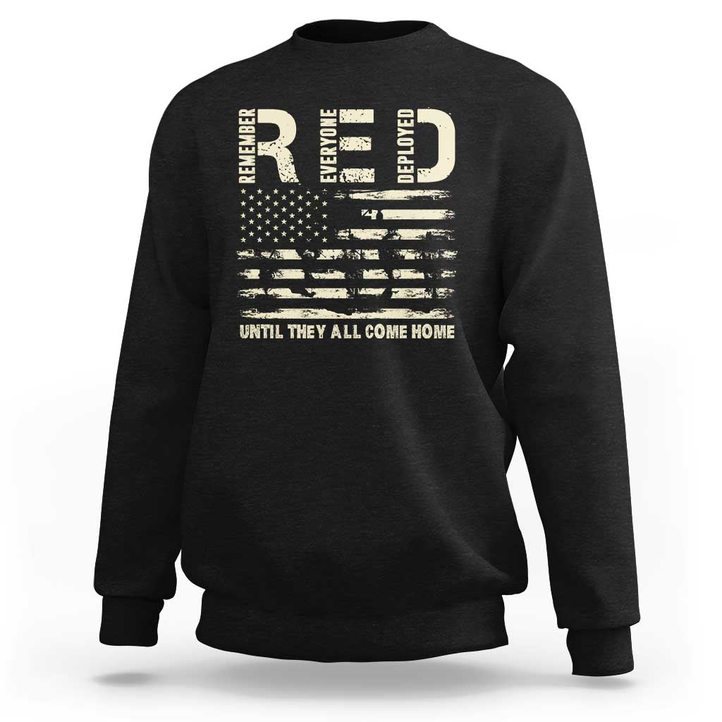 Black crewneck sweatshirt with soldier and stars-and-stripes graphic across chest