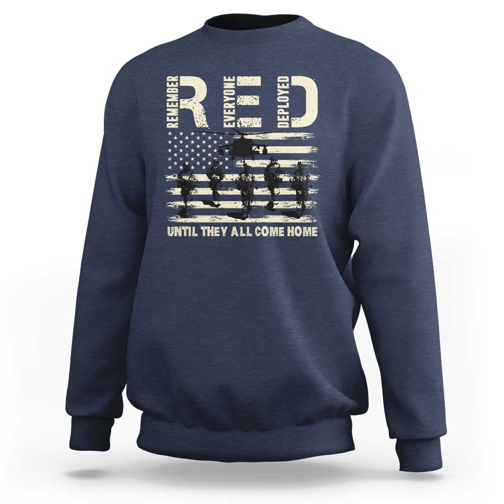 Navy blue crewneck sweatshirt with soldier and stars-and-stripes graphic across chest