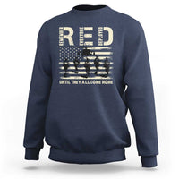 Navy blue crewneck sweatshirt with soldier and stars-and-stripes graphic across chest