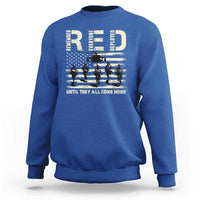 Royal blue crewneck sweatshirt with soldier and stars-and-stripes graphic