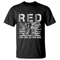 Black T-shirt with printed boots graphic and “UNTIL THEY ALL COME HOME” text
