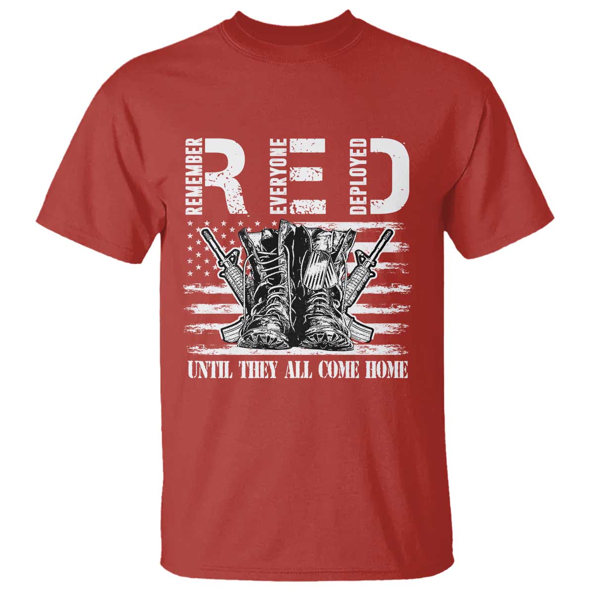 Red T-shirt with printed boots graphic and “UNTIL THEY ALL COME HOME” text