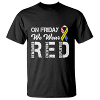 Black T-shirt with 'ON FRIDAY' front print, ribbon and football graphic