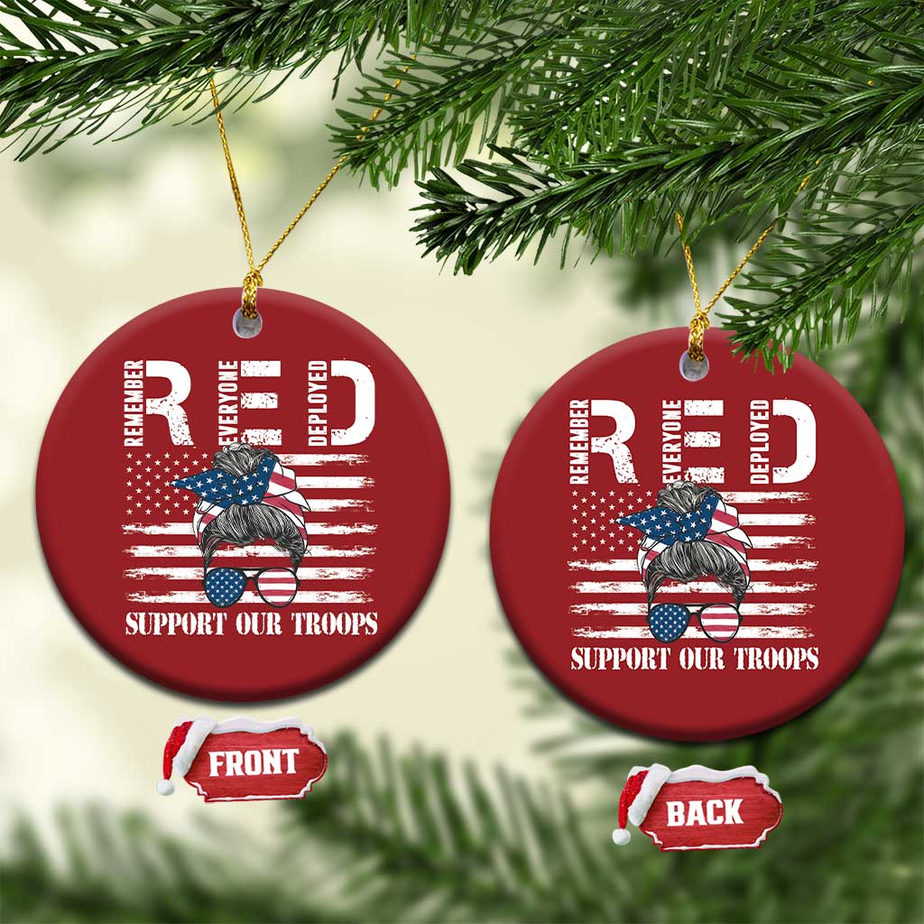 Set of red round Christmas ornaments with gold loops; “Support Our Troops” text