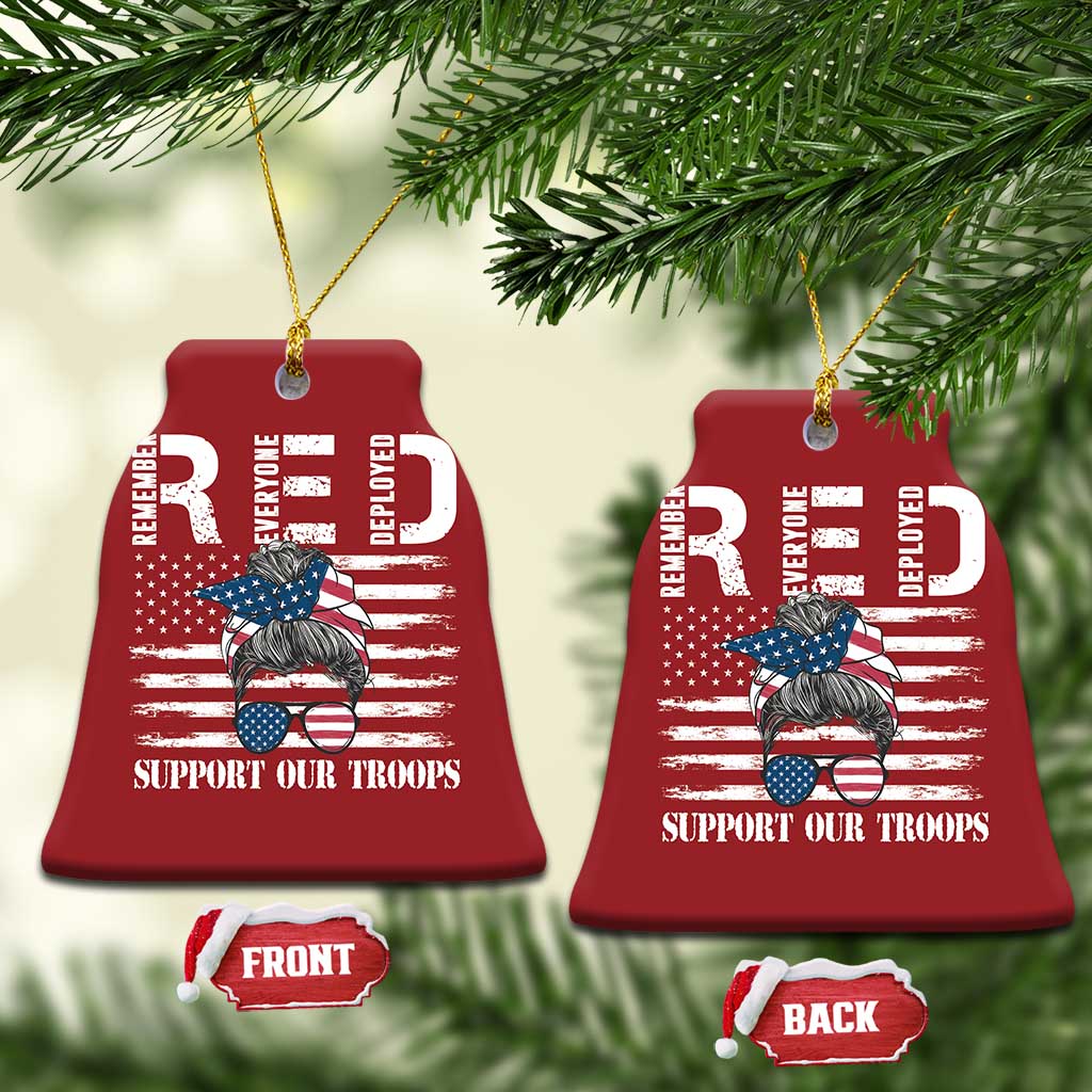Red bell-shaped Christmas ornaments with gold loops and “Support Our Troops” text